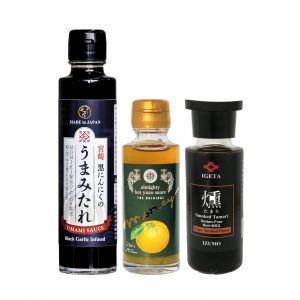 assaisonnements venus du Japon ail noir yuzu kosho liquide sauce soja fumée