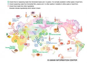 Carte imagée sur fond blanc des produits riches en umami dans le monde