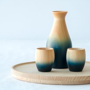 plateau en bois et verres et carafes à saké 